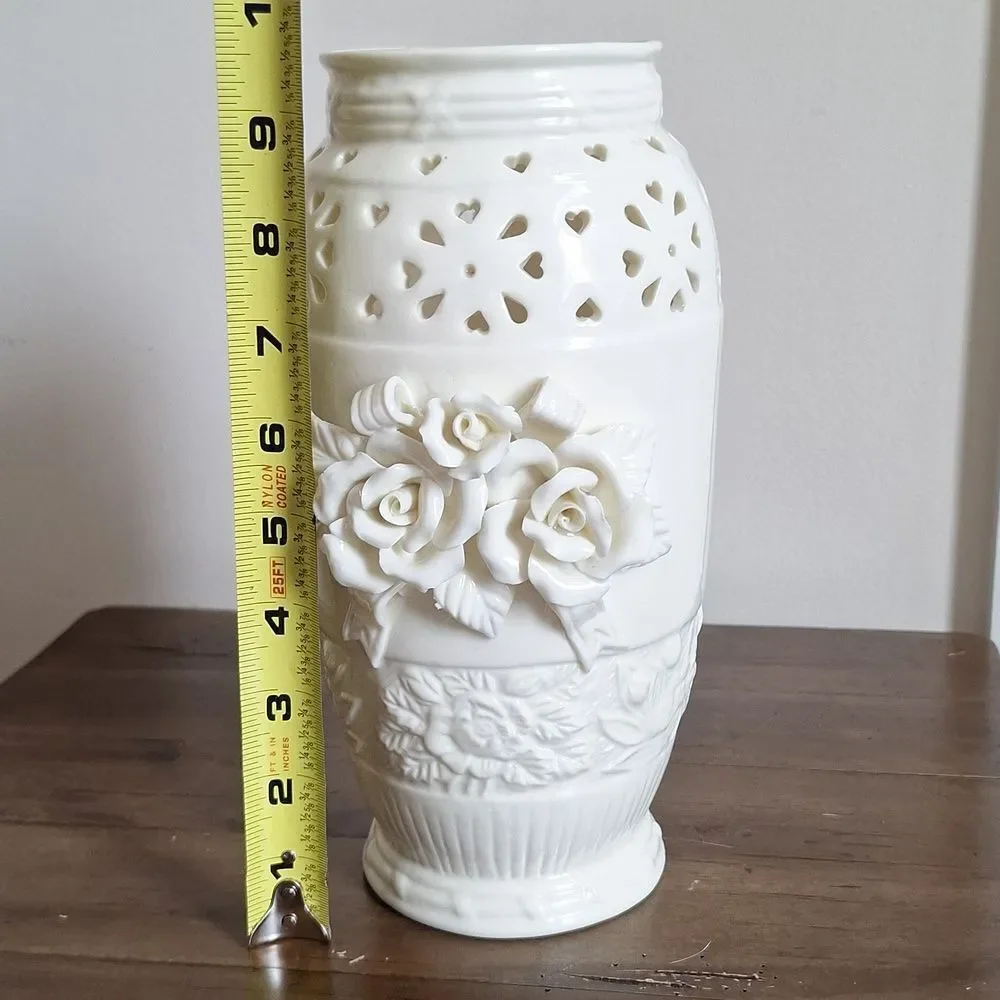 Vintage Capodimonte Style Cream Rose Vase Heart Cutout Victorian Cottagecore